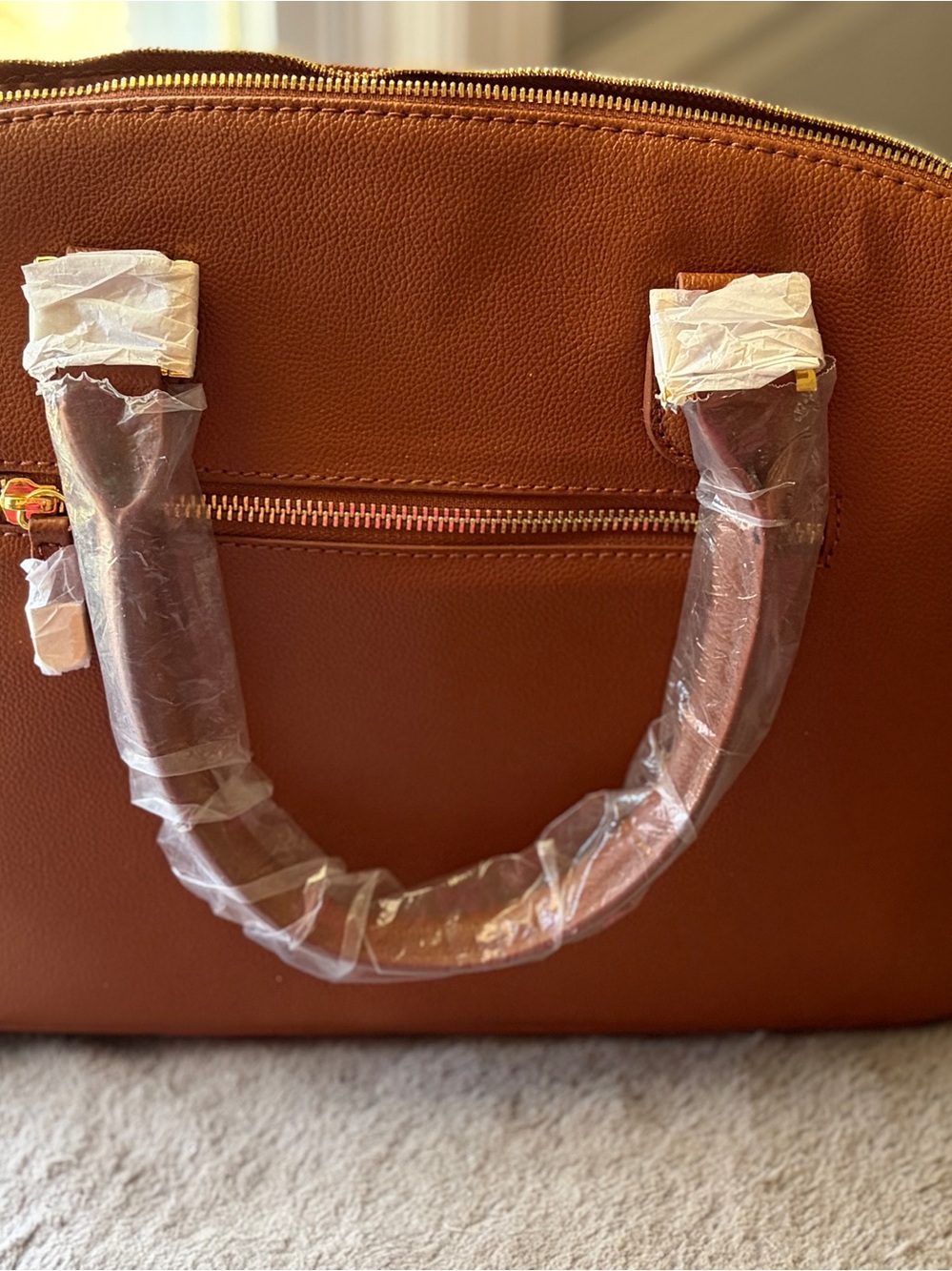 Joy & Iman Caramel Brown Pebbled Leather Tote with Gold Plaque
